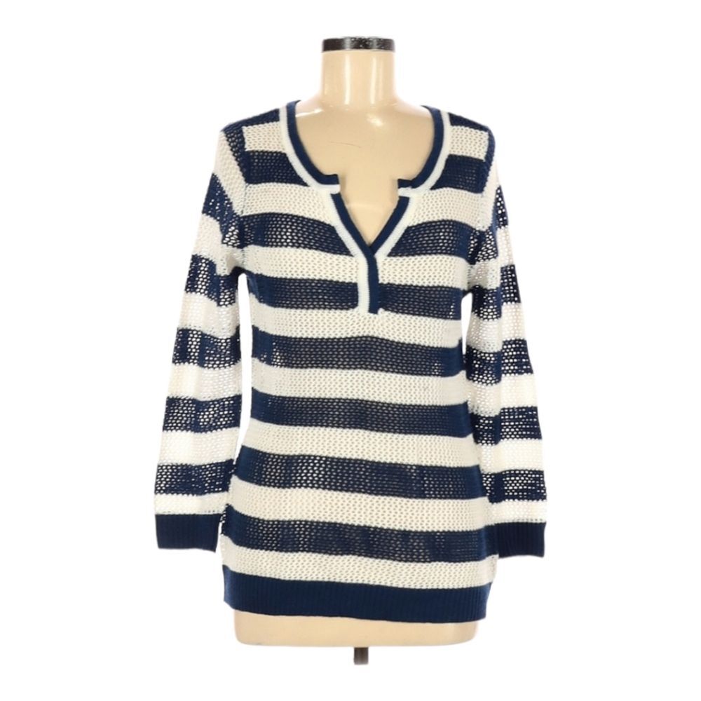 Indigo Pullover Sweater Size M Navy Blue‎ White Stripe V-Neck Open Knit Nautical